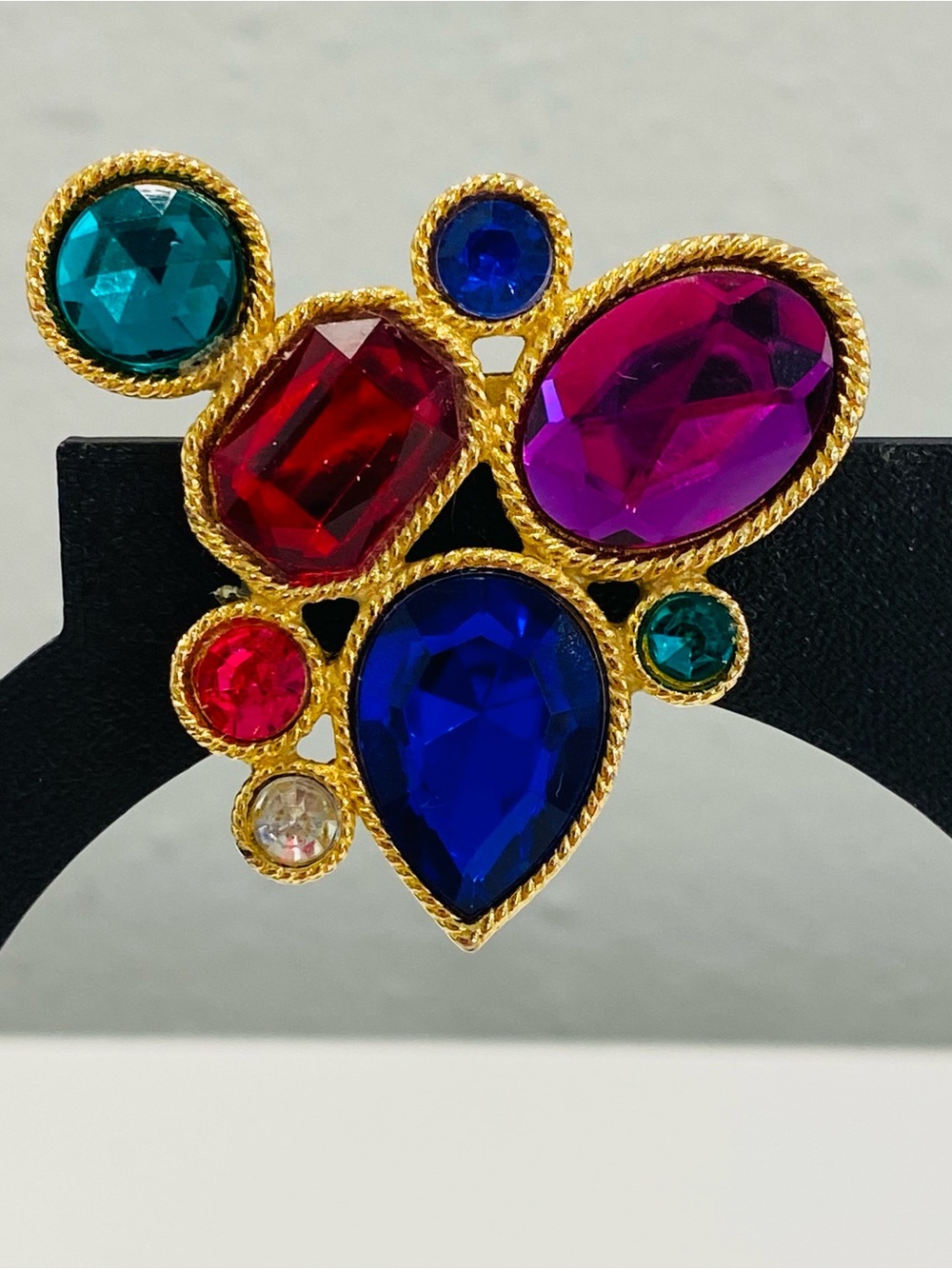 Vintage Multi Color Statement Brooch Lucite Acrylic Rhinestone Mogul Cluster Pin